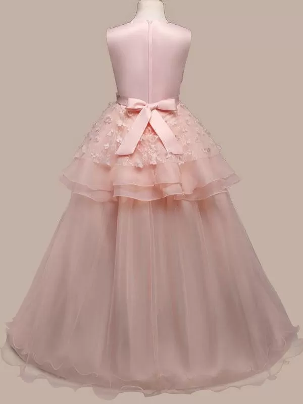 Romantic Sleeveless Pink Floor Length Flower Girl Dresses Jewel Neck Bows Kids Party Dresses