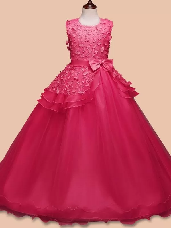 Romantic Sleeveless Pink Floor Length Flower Girl Dresses Jewel Neck Bows Kids Party Dresses