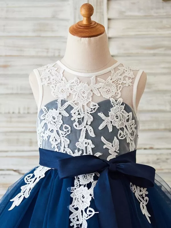 Royal Blue Lace Sleeveless Flower Girl Dresses Knee Length Princess Silhouette Sash Kids Party Dresses