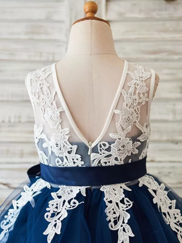 Royal Blue Lace Sleeveless Flower Girl Dresses Knee Length Princess Silhouette Sash Kids Party Dresses