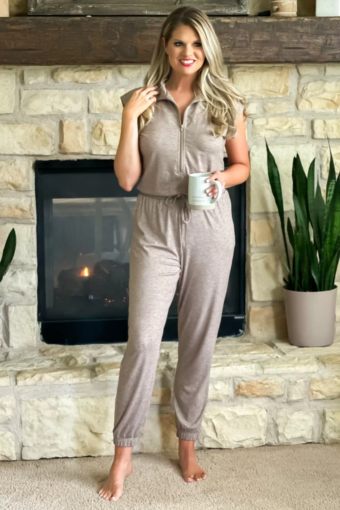 Shana Drawstring Waist Jumpsuit : Mocha