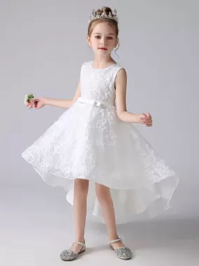 Short Princess Dress for Kids White Sleeveless Flower Girl Dresses Party Dresses Jewel Neck with Bows