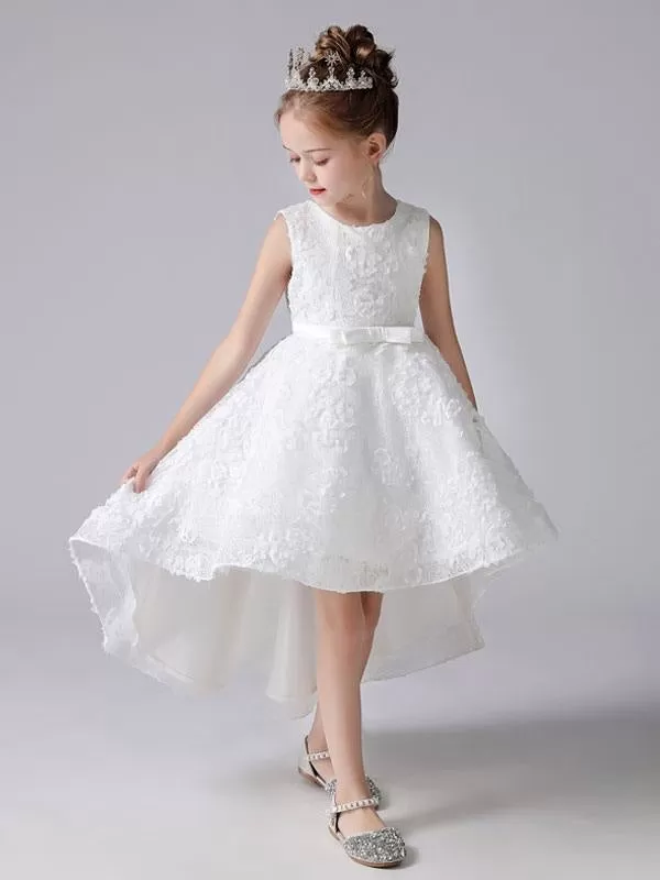 Short Princess Dress for Kids White Sleeveless Flower Girl Dresses Party Dresses Jewel Neck with Bows