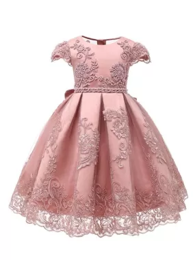 Short Sleeves Cute Flower Girl Dresses 3D Lace Beaded Knee-Length Kids Party Princess Dresses