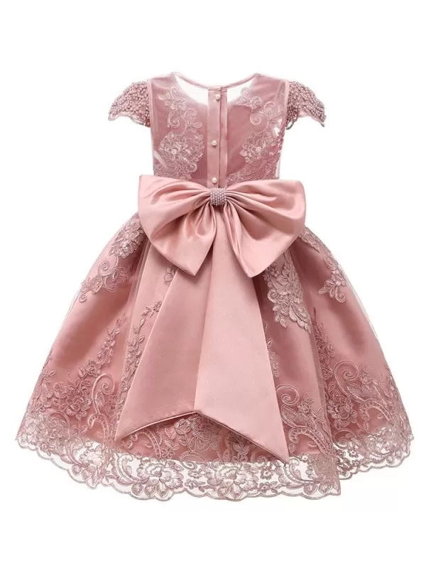 Short Sleeves Cute Flower Girl Dresses 3D Lace Beaded Knee-Length Kids Party Princess Dresses