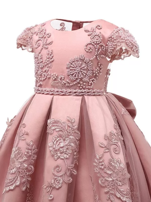 Short Sleeves Cute Flower Girl Dresses 3D Lace Beaded Knee-Length Kids Party Princess Dresses