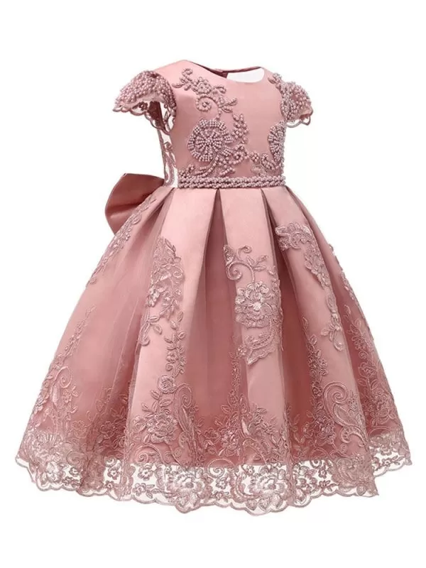 Short Sleeves Cute Flower Girl Dresses 3D Lace Beaded Knee-Length Kids Party Princess Dresses