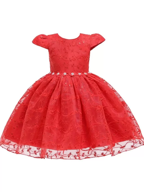 Short Sleeves Little Girl Dress Red Cap Sleeves Princess Silhouette Flowers Girl Dress