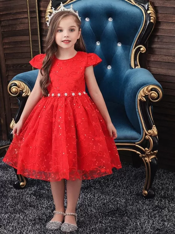 Short Sleeves Little Girl Dress Red Cap Sleeves Princess Silhouette Flowers Girl Dress