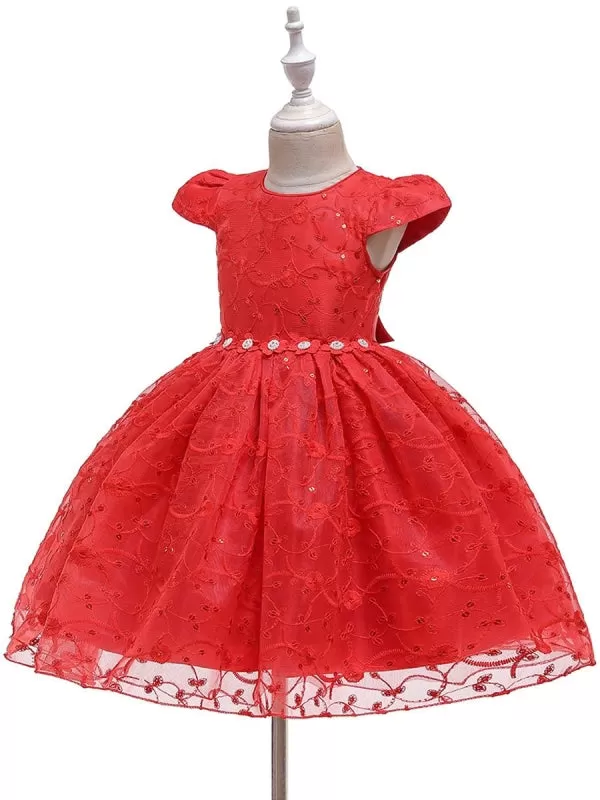 Short Sleeves Little Girl Dress Red Cap Sleeves Princess Silhouette Flowers Girl Dress