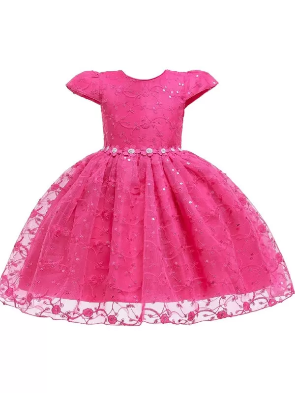 Short Sleeves Little Girl Dress Red Cap Sleeves Princess Silhouette Flowers Girl Dress