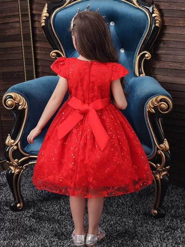 Short Sleeves Little Girl Dress Red Cap Sleeves Princess Silhouette Flowers Girl Dress