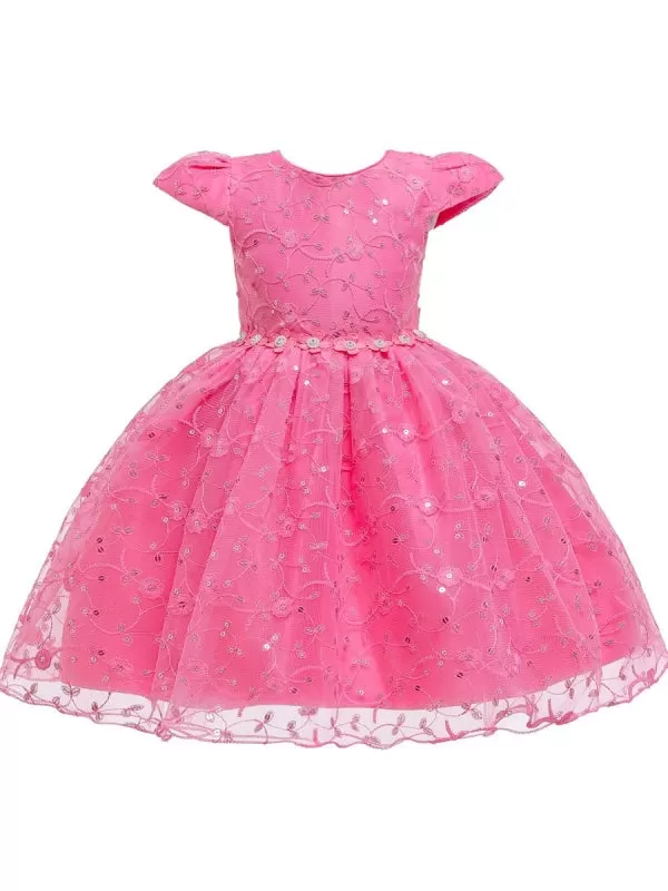 Short Sleeves Little Girl Dress Red Cap Sleeves Princess Silhouette Flowers Girl Dress