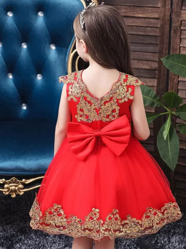 Short Sleeves Red Gold Sequins  Appliques Flower Girl Dresses V-Neck Tulle Princess Silhouette Embroidered Kids Party Dresses