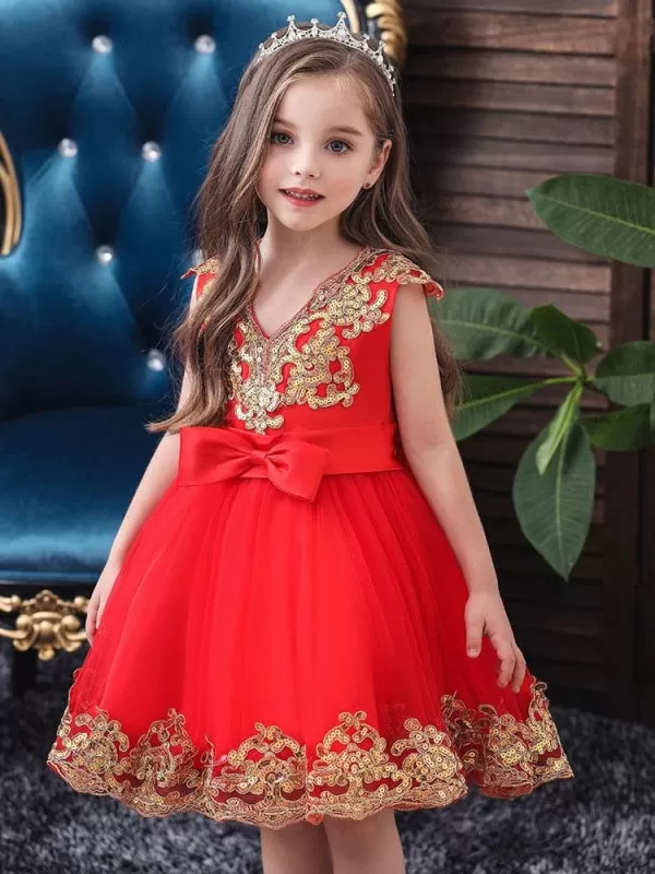 Short Sleeves Red Gold Sequins  Appliques Flower Girl Dresses V-Neck Tulle Princess Silhouette Embroidered Kids Party Dresses