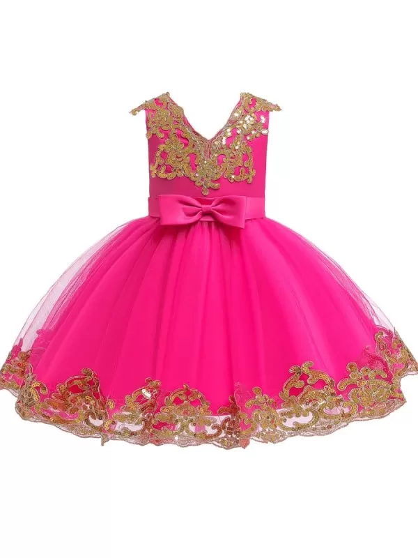 Short Sleeves Red Gold Sequins  Appliques Flower Girl Dresses V-Neck Tulle Princess Silhouette Embroidered Kids Party Dresses