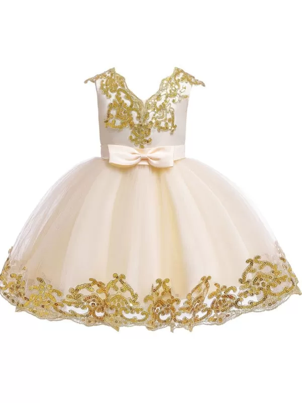 Short Sleeves Red Gold Sequins  Appliques Flower Girl Dresses V-Neck Tulle Princess Silhouette Embroidered Kids Party Dresses