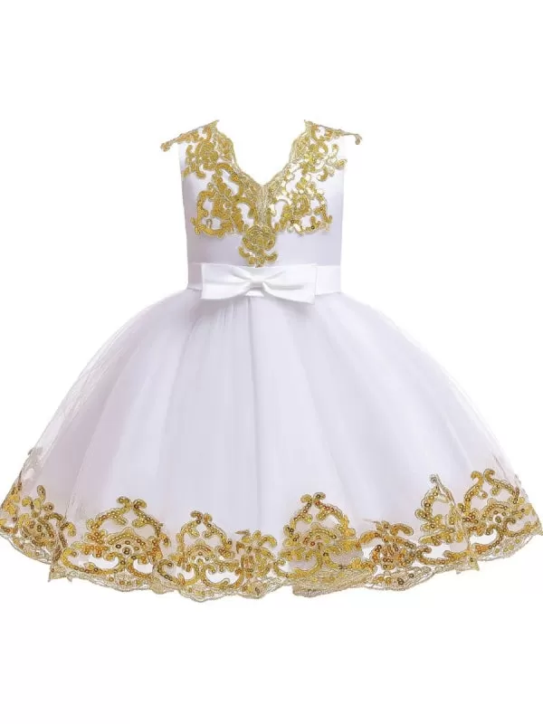 Short Sleeves Red Gold Sequins  Appliques Flower Girl Dresses V-Neck Tulle Princess Silhouette Embroidered Kids Party Dresses