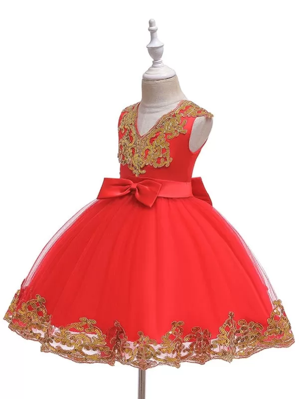 Short Sleeves Red Gold Sequins  Appliques Flower Girl Dresses V-Neck Tulle Princess Silhouette Embroidered Kids Party Dresses