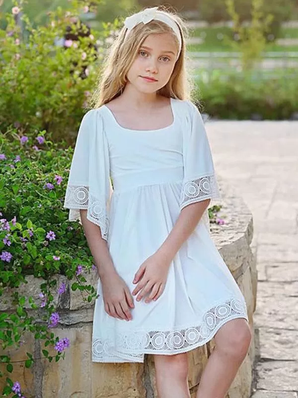 Short Sleeves White Flower Girl Dresses Short A-Line Kids Social Party Dresses