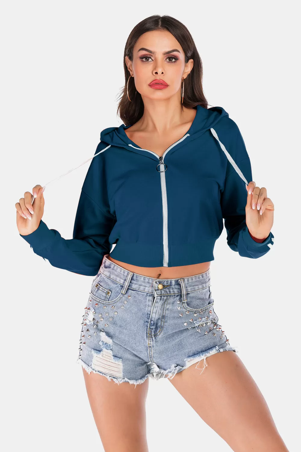 Side Stripe Drawstring Cropped Hooded Jacket