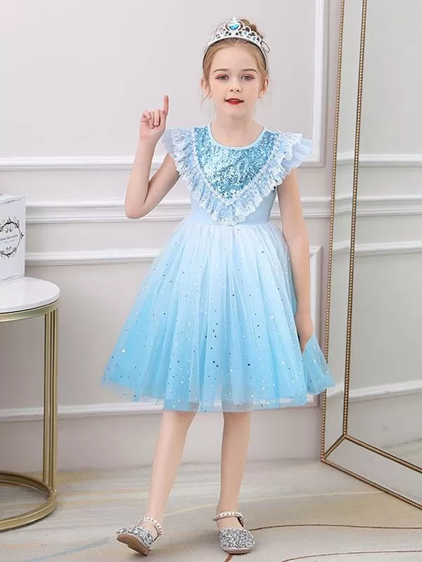 Sky Blue Aline Princess Flower Girl Dresses Jewel Neck Lace Sleeveless Short Dress Kids Social Party Dresses