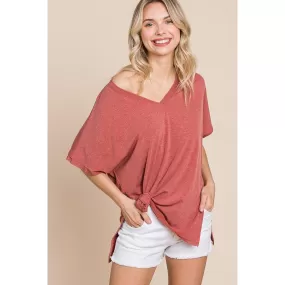 Solid V Neck Casual And Basic Top With Short Dolman Sleeves And Side Slit Hem