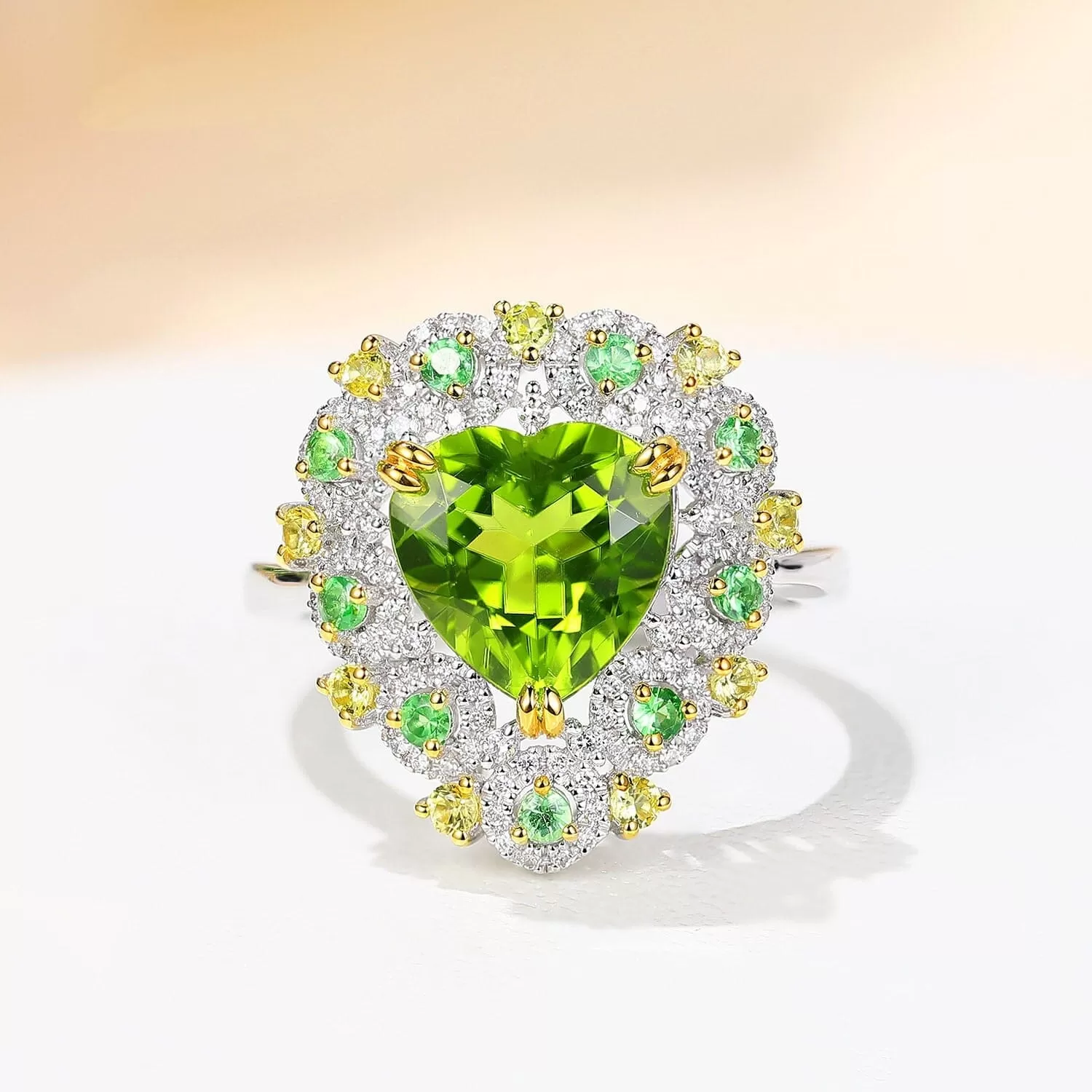 Sparkling New Peridot Heart Adjustable Ring