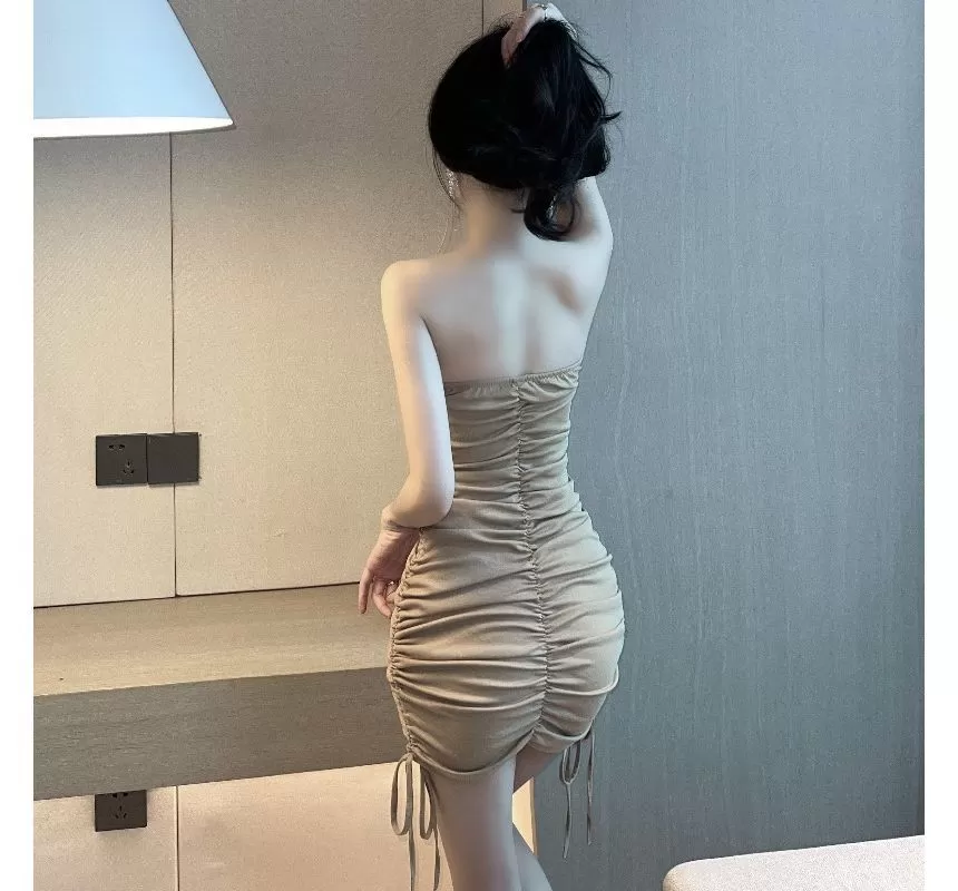 Strapless Plain Shirred Drawstring Mini Bodycon Dress kk34