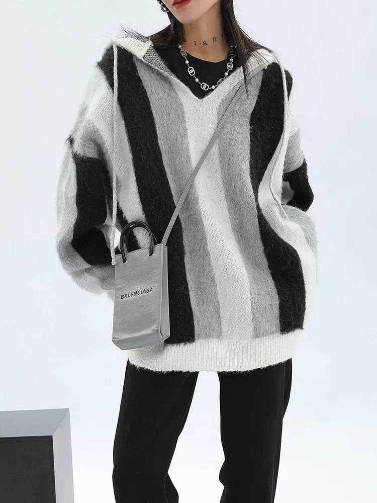 Striped Women Sweater Hooded Drawstring Long Sleeve Contrast Color Knit Pullover Autumn 2023