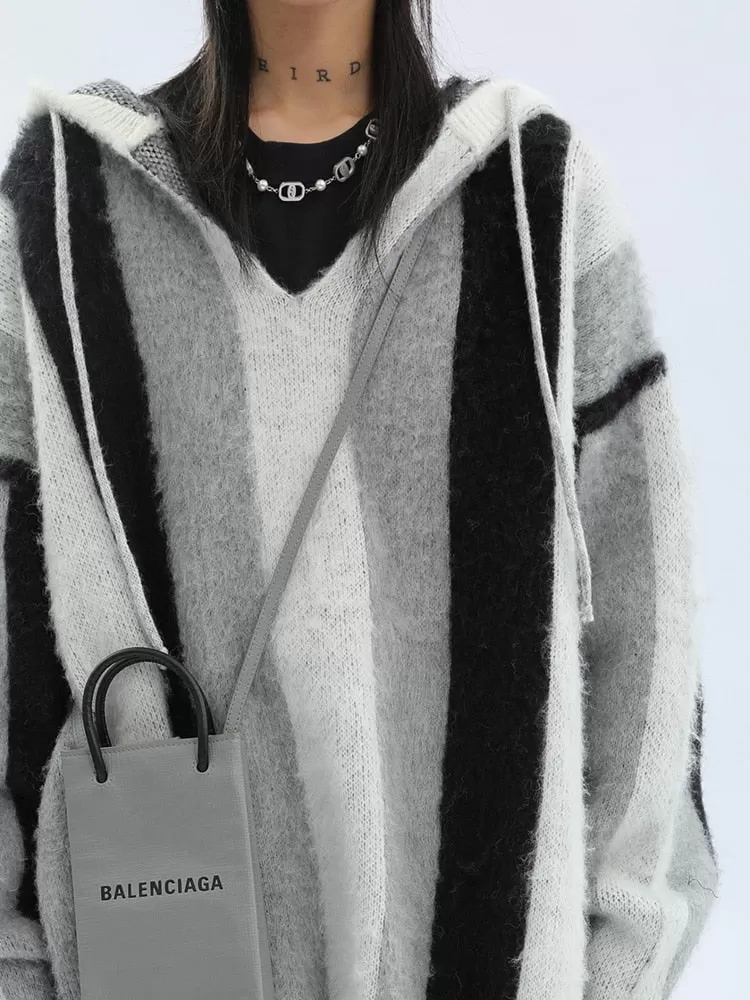 Striped Women Sweater Hooded Drawstring Long Sleeve Contrast Color Knit Pullover Autumn 2023