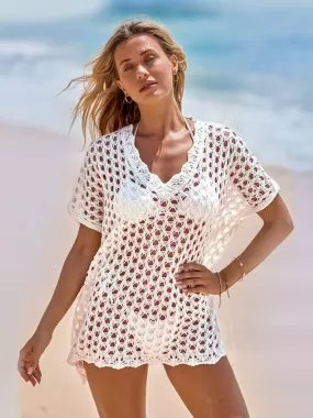 Sunset Vacation  Openwork V-Neck Short Sleeve Beach Cover Up