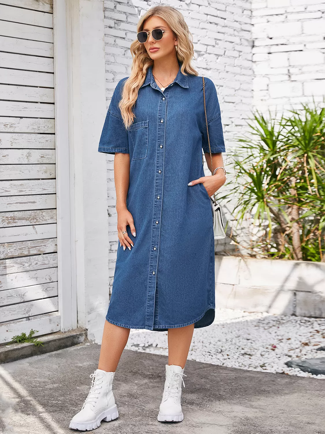 Sunset Vacation Sunset and Swim Button Down Half Sleeve Denim Dress