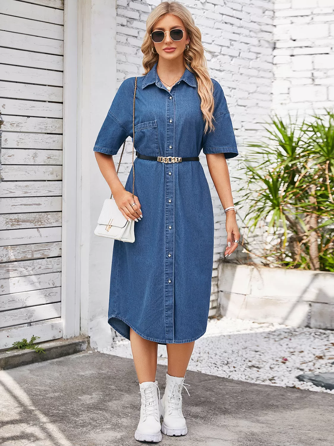 Sunset Vacation Sunset and Swim Button Down Half Sleeve Denim Dress