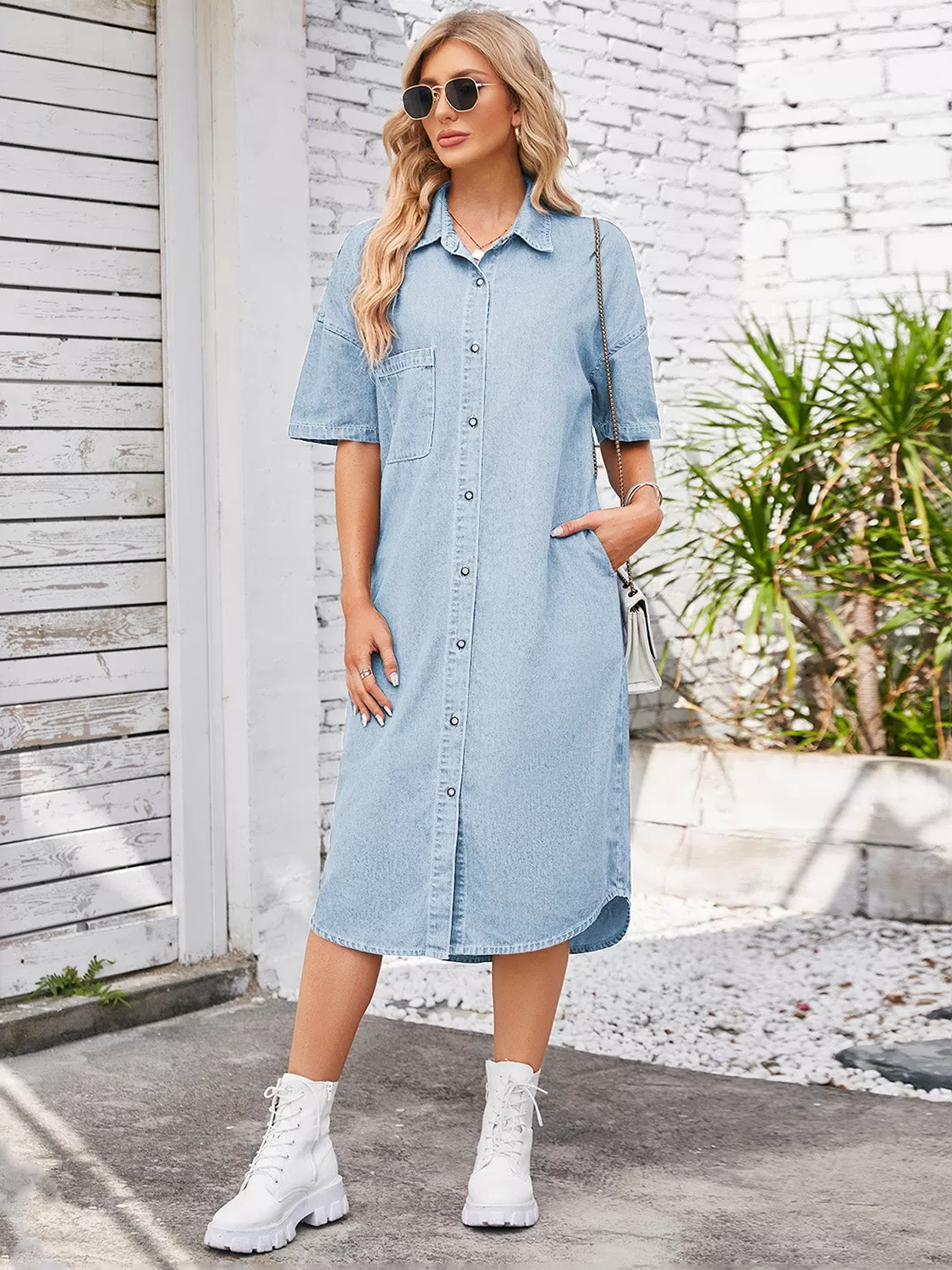 Sunset Vacation Sunset and Swim Button Down Half Sleeve Denim Dress