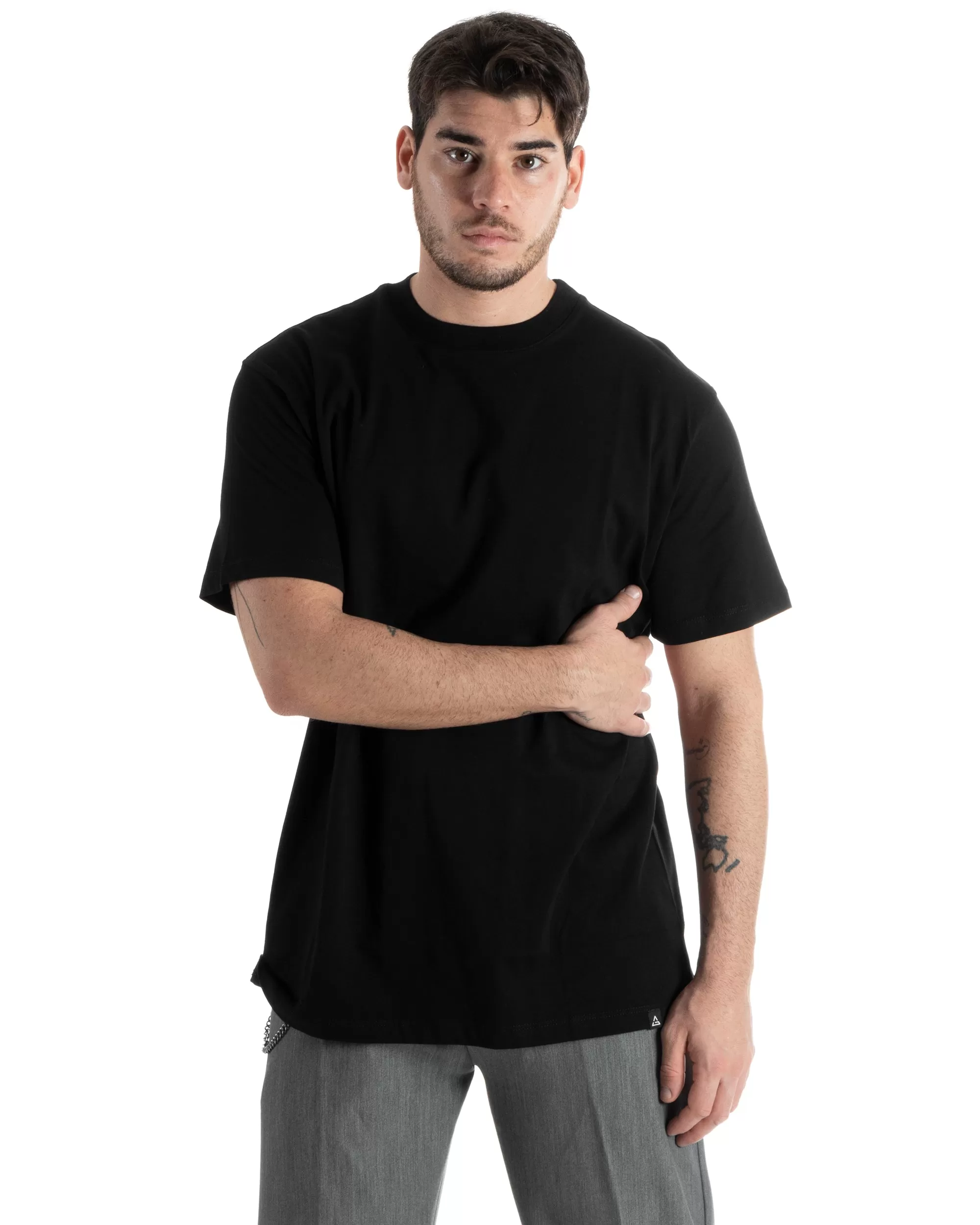 T-shirt Uomo Cotone Basic Tinta Unita Nero Girocollo Casual Gola Alta GIOSAL-TS2983A