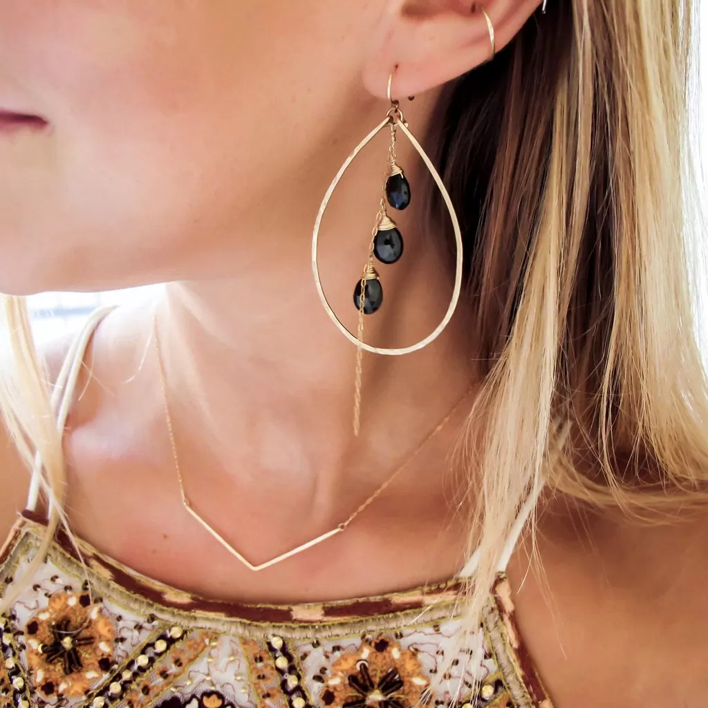 Teardrop Gemstone Fall Hoops - Black Spinel