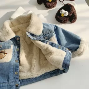 Toddler Kids Fleece Thickened Denim Button Jacket