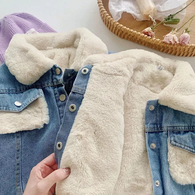 Toddler Kids Fleece Thickened Denim Button Jacket