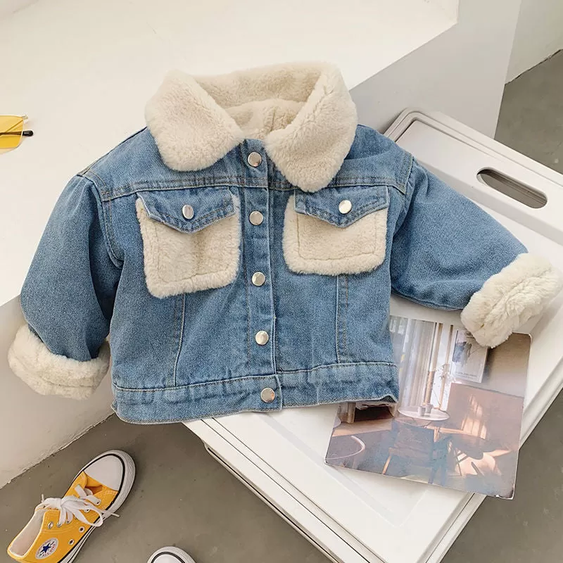 Toddler Kids Fleece Thickened Denim Button Jacket