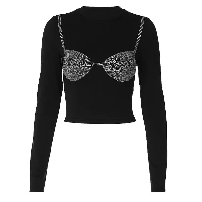 Top negru Rhinestones Bra - Crop top negru cu detalii din strasuri