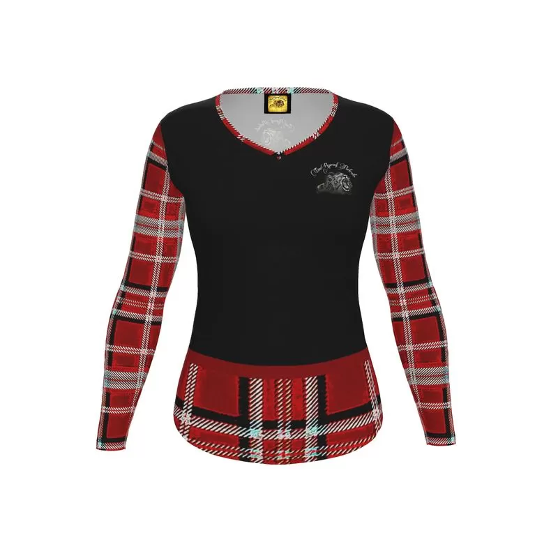 TRP Twisted Patterns 06: Digital Plaid 01-05A Ladies Designer V-neck Slim Fit Long Sleeve Jersey T-shirt