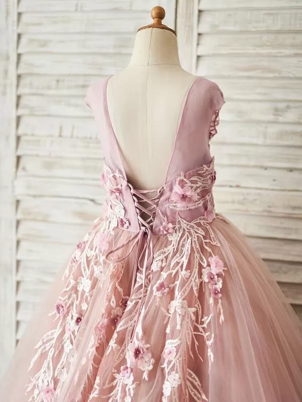 Tulle Sleeveless Princess Flower Girl Dresses Floral Pattern Silhouette Beaded Kids Party Dresses