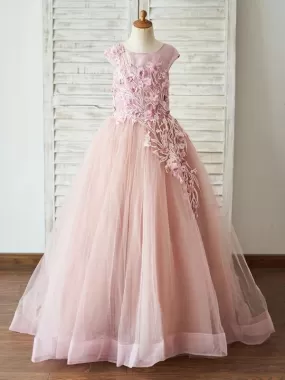 Tulle Sleeveless Princess Flower Girl Dresses Floral Pattern Silhouette Beaded Kids Party Dresses