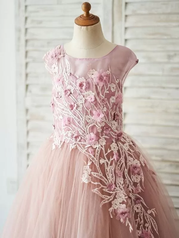 Tulle Sleeveless Princess Flower Girl Dresses Floral Pattern Silhouette Beaded Kids Party Dresses