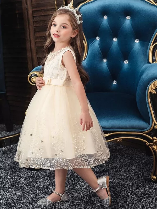 Tulle Sleeveless Yellow Flower Girl Dresses Jewel Neck Knee-Length Princess Silhouette Kids Pageant Dresses