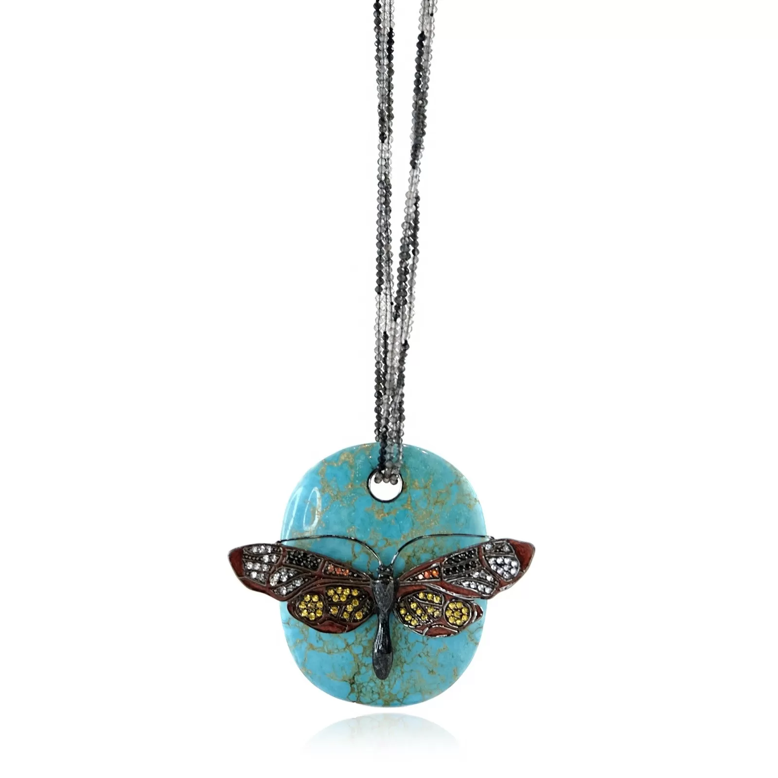 Turquoise & Butterfly beaded pendant necklace with Silver, Rust Orange Enamel, Yellow Sapphires, Black Spinel, Orange Sapphires, White Topaz, Tourmaline Beads & Hematite Beads