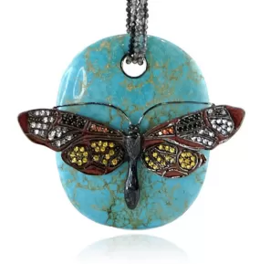 Turquoise & Butterfly beaded pendant necklace with Silver, Rust Orange Enamel, Yellow Sapphires, Black Spinel, Orange Sapphires, White Topaz, Tourmaline Beads & Hematite Beads