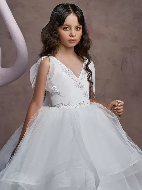 V Neck Lace Long Flower Girl Dresses Sleeveless Floor Length Princess Silhouette Tiered Kids Party Dresses