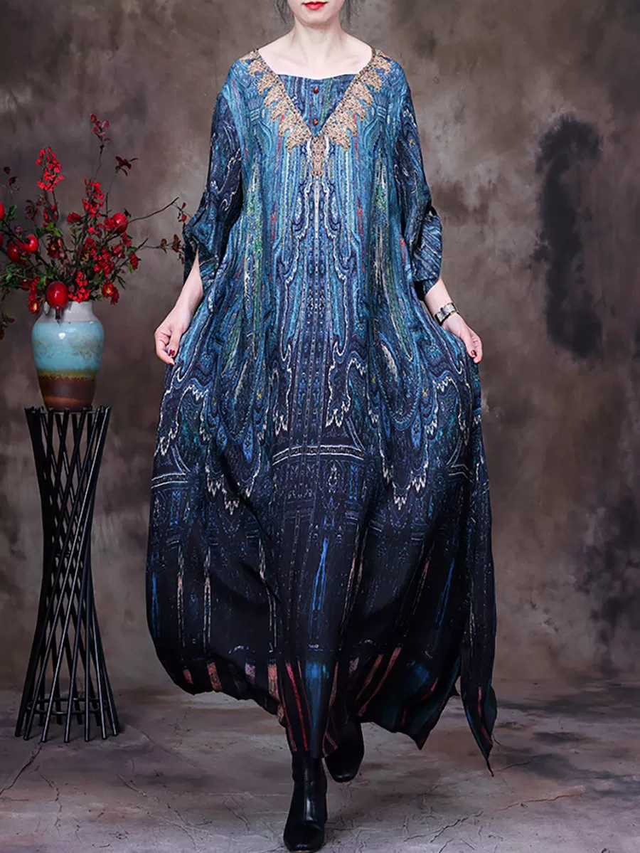 Vintage Women Retro Batwing Sleeve Maxi Dress